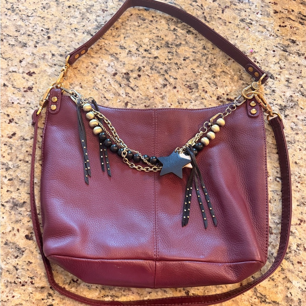 HOBO Burgundy Leather Shoulder Bag with Black Tassel and Gold Hardware - Picture 3 of 9